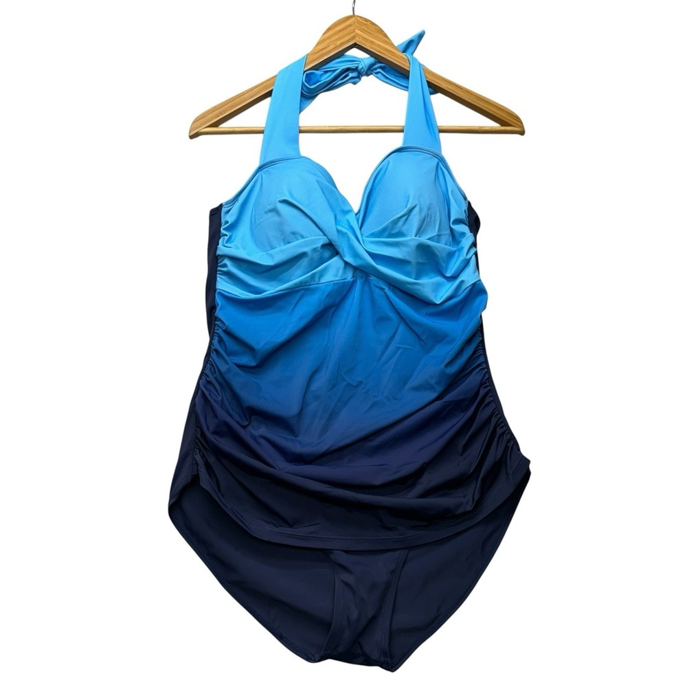 Womens Swimsuit 16 Blue Ombre One Piece Swim Halter Ruched Slimming Modest Knot